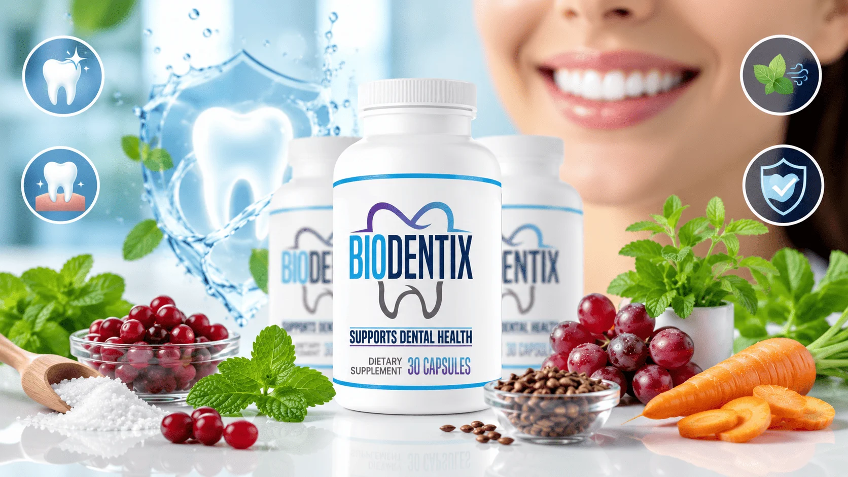 Biodentix ingredients including xylitol peppermint cranberry carrot grape seed and stevia