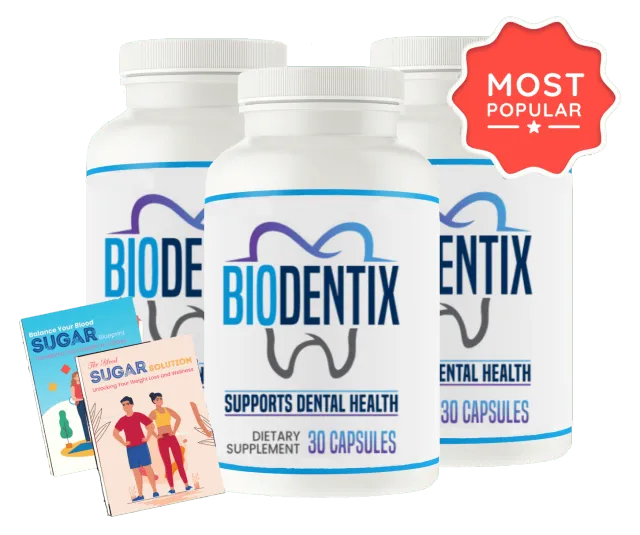 Biodentix supplement bottle promoting healthy teeth and gums