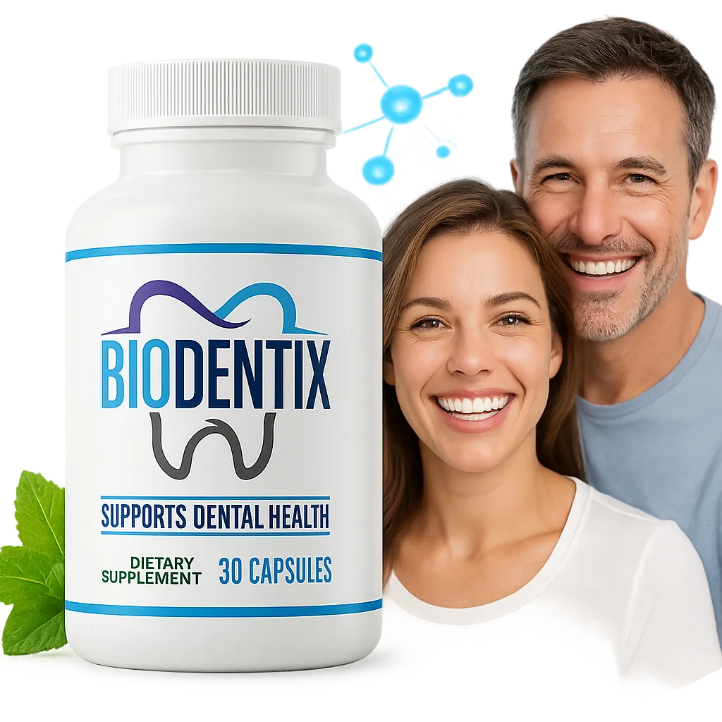 Biodentix oral health supplement bottles with healthy smiling couple